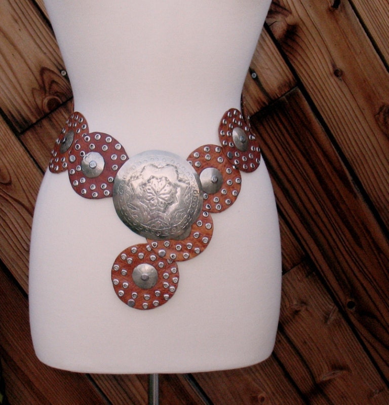 Moroccan Concho Belt Vintage 1970s Boho Chic 35 Inch Waist Maximum