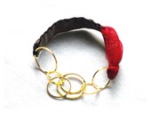 Party fabric  bracelet   Bangle pink gold and red with  golden metal chain for her- one of a kind - OOAK