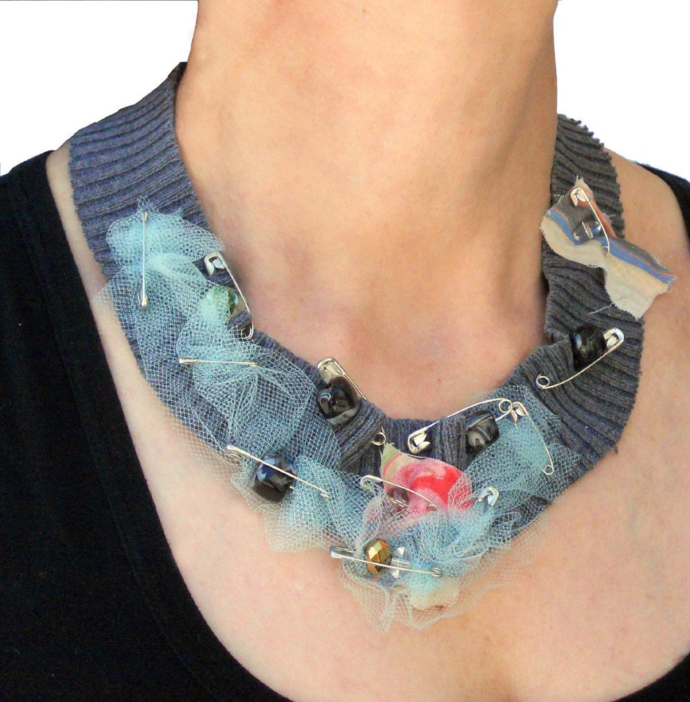Recycled fabric necklace Bib with safety pins and beads for her - one of a kind-OOAK