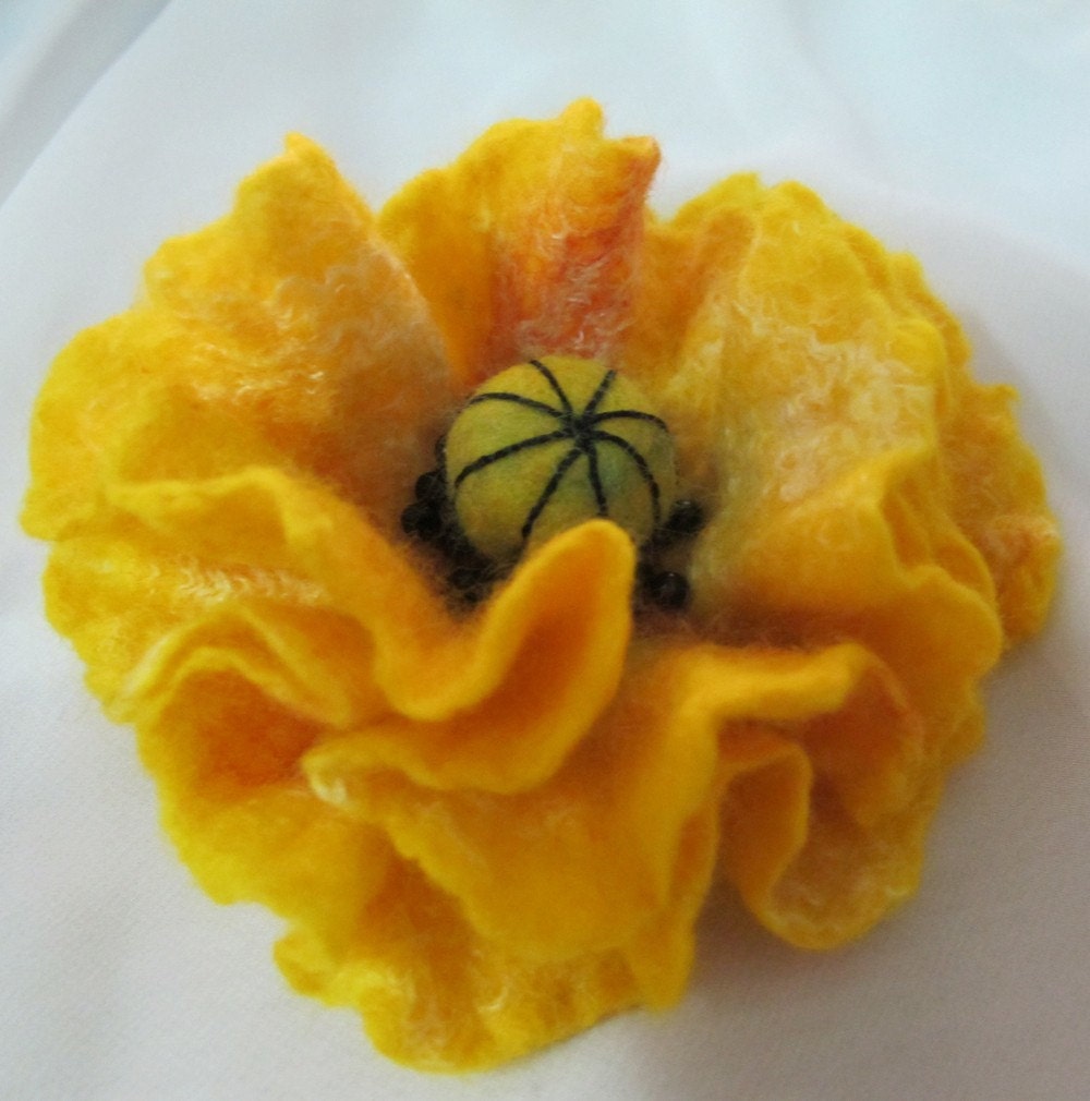 Felted brooch poppy flower yellow Feminine Gift For Her, HOLIDAY SALE christmas gift idea eco friendly for women OOAK handmade