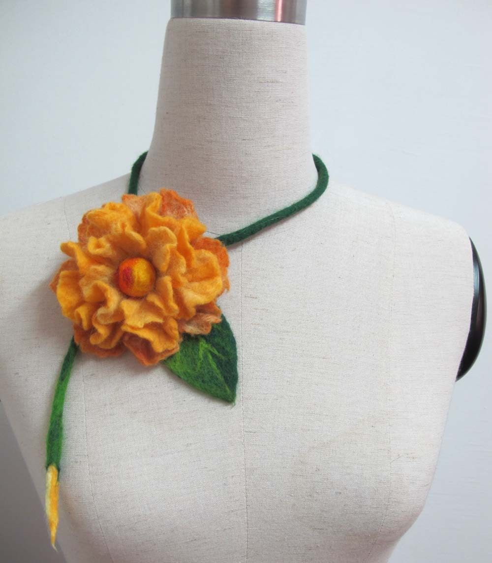 Felted necklace Eco-friendly Statement Yellow flower