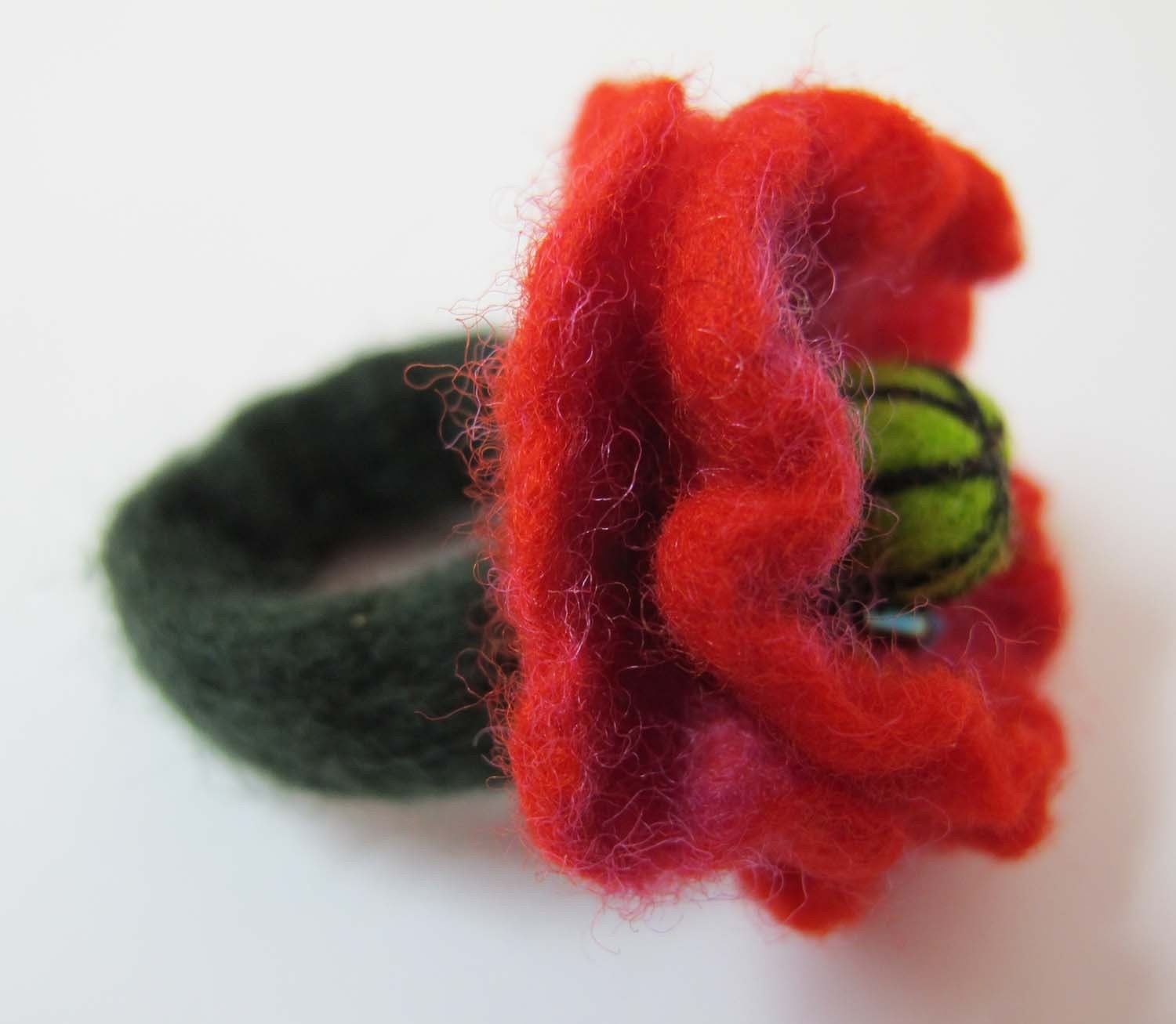 Felted ring red popy flower Feminine Gift For Her,gift idea eco friendly for women OOAK handmade accessories