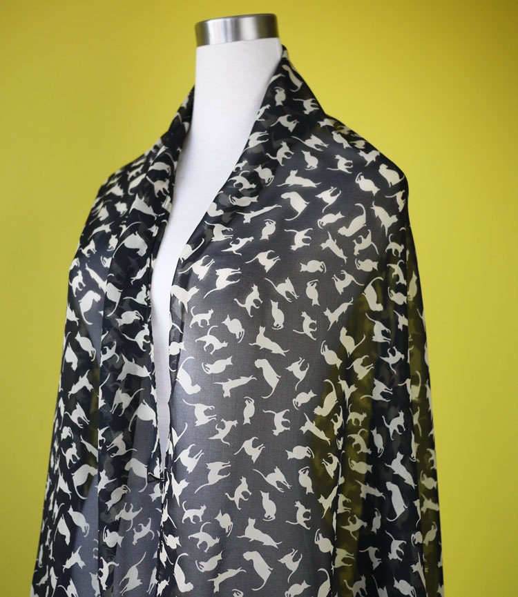 Cat print scarf black cat scarf chiffon scarf causal long scarf shawl belt white cat in black