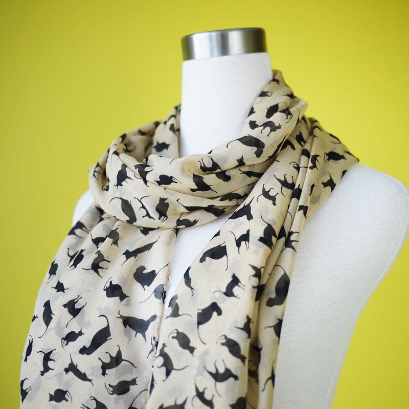 Cat print scarf black cat scarf chiffon scarf causal long scarf shawl belt white cat in black