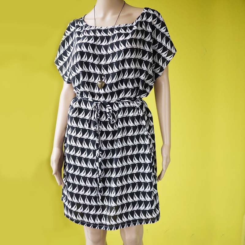black and white dress long tunic plus size free size retro sailing boat print short kimono sleeves dress - FREE SIZE up to US 20