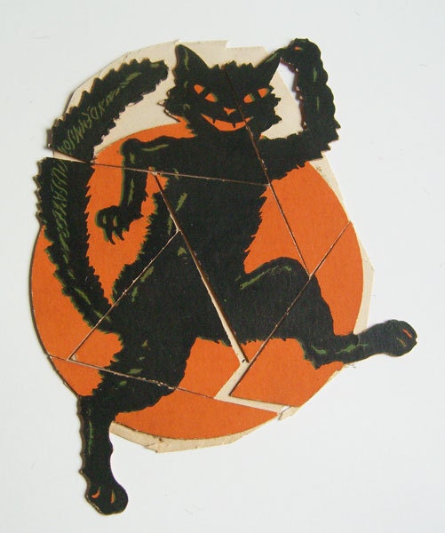 Vintage Halloween Black Cat Orange Moon Paper Puzzle