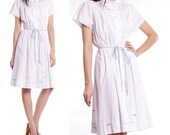 Vintage 50s 60s White Dress  - Floral Embroidered Full Skirt Day Dress - M / L / XL