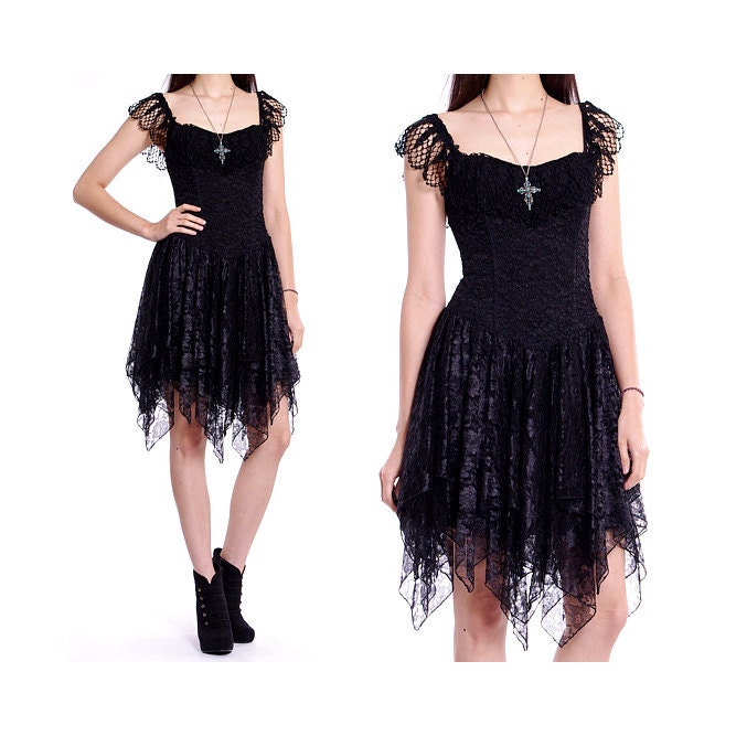 Vintage 80s Lace Dress - Black Sheer Crochet Bustier Ballerina Party Dress - M