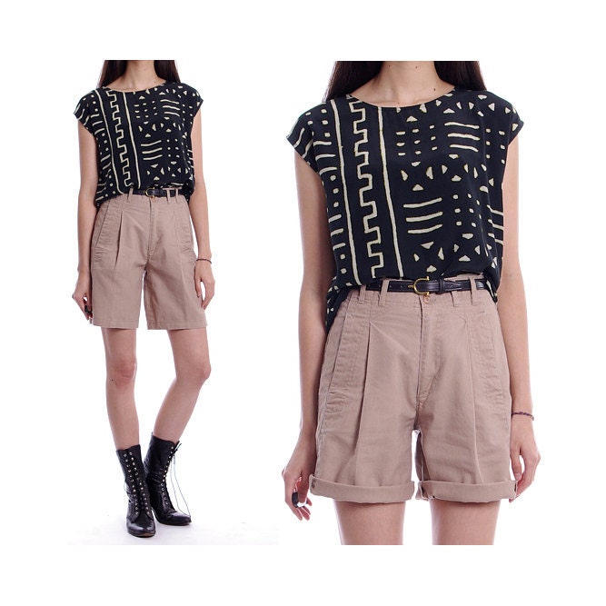 Vintage 80s 90s Shorts - Khaki Safari High Waisted Shorts Trousers - XS / S