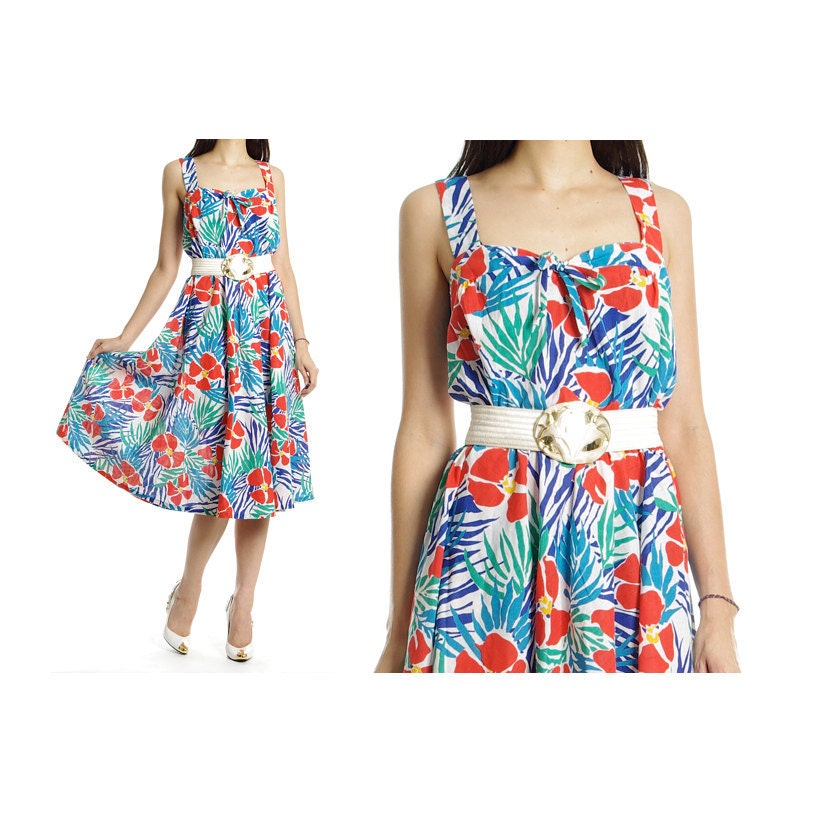 Vintage 70s Floral Dress - High Waist Full Skirt Plus Size Sundress - L / XL / 1X / 2X