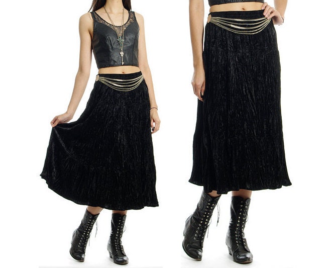 Vintage 80s 90s Skirt - Black Velvet Midi Skirt Gypsy Goth - XS / S / M / L