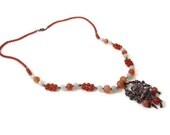 Vintage Amber and Carnelian Sterling Silver Necklace, Large European Statement Necklace, Filigree Clasp, Signed 9.25S