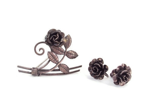 Vintage Sterling Silver Flower Earrings and Brooch Set, Silver Roses, Antique Rose Jewelry, Signed  Sterling - YesterdaysSilhouette
