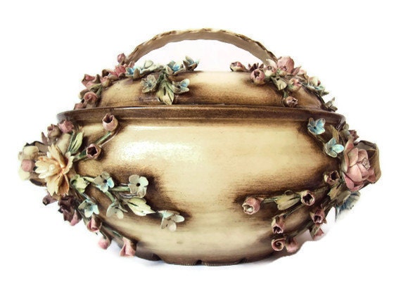 RARE Vintage Mollica Capodimonte of Italy Dish w/ Lid, Italian Home Decor, Floral Design, Porcelain Flower Pot, Signed & Highly Collectible