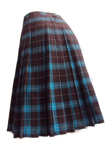 Vintage 1970s Pleated Plaid Skirt, Wool, School Girl Skirt, Turquoise Blue & Chocolate Brow, Schoolgirl Costume, Wool, Womens, Small Medium