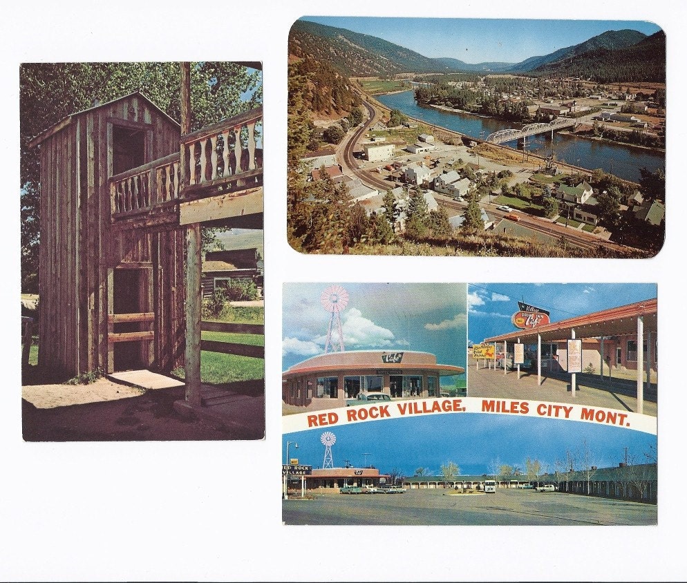3 MONTANA Vintage Postcards unused, Double decker Outhouse, Red Rock Village Miles City, Superior,