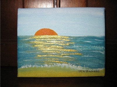 New Day -- ORIGINAL Watercolor on Canvas with FREE EASEL --  bright golden sun, metallic gold ocean waters, azure sea, sunrise