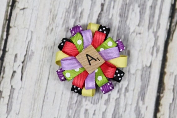 Upcycled Scrabble Letter Tile Initial Flower Loop Bows - OOAK Made to Order