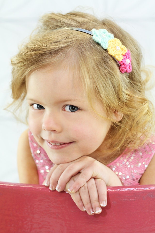 Crochet Flower Headband Mint Golden Hot Pink