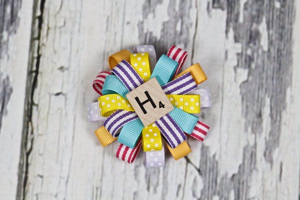 Upcycled Scrabble Letter Tile Initial Flower Loop Bows - OOAK Made to Order
