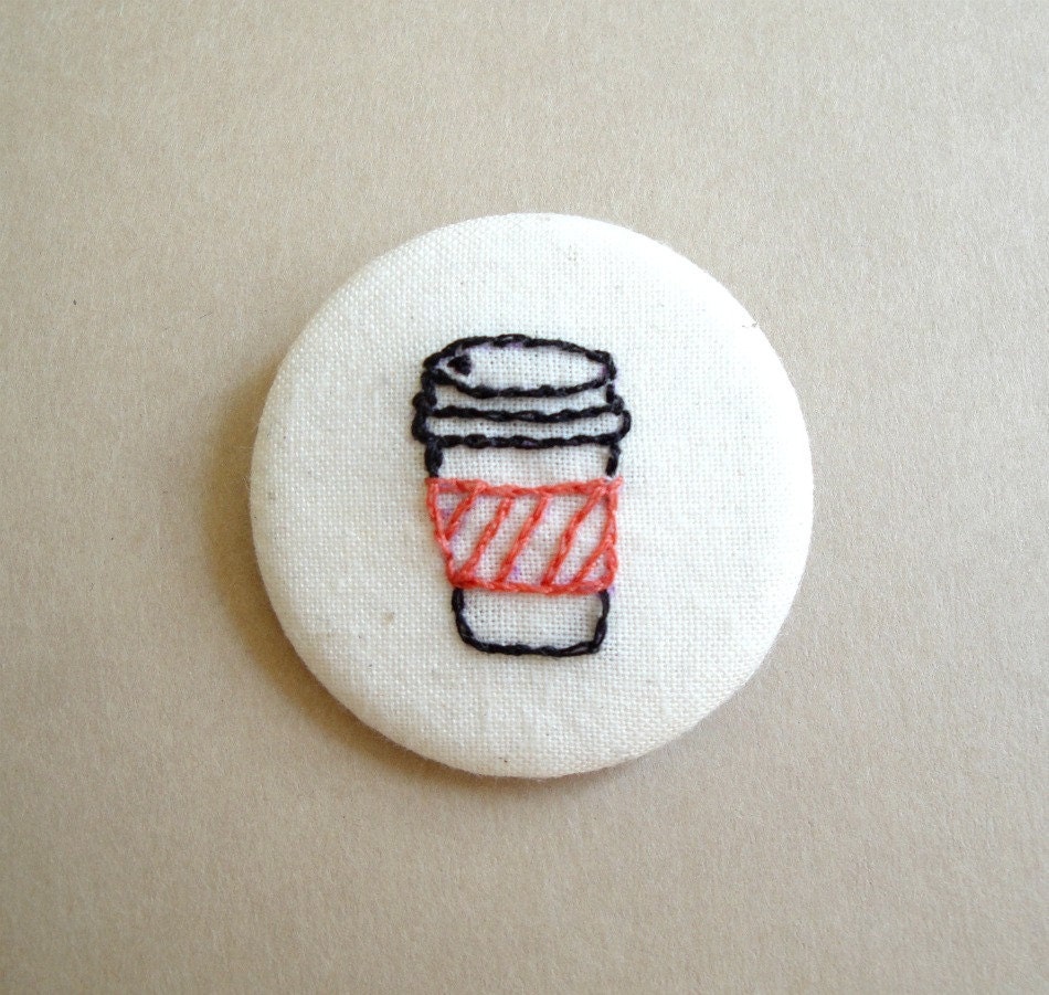 Coffee Cup with Red Orange Coffee Cozy Coffee Sleeve Hand Embroidered Pin Brooch