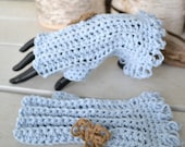 Soft Cotton Blend Fingerless Gloves-Sky Blue with Coffee Brown Flowers