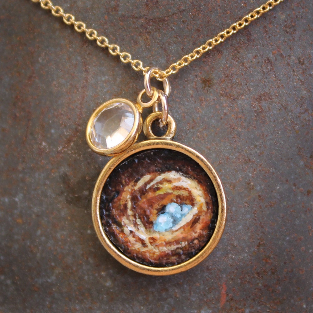 Original Hand Painted Oil Charm Pendant Necklace or Bracelet - Robin's Eggs in a Nest