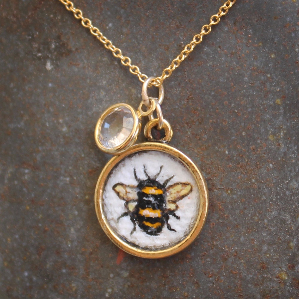 Original Hand Painted Oil Charm Pendant Necklace or Bracelet - Bumble Bee