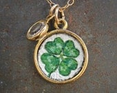 Original Oil Hand Painted Charm Pendant Necklace or Bracelet- Four Leaf Clover