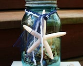 Natural Beach Terrarium in an Antique Blue Mason Jar with Shells, Moss, and Starfish, Summer Decor