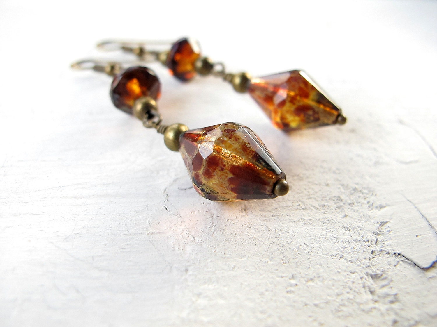 Long Rivoli Dangles Czech Glass Honey Gold Antique Brass