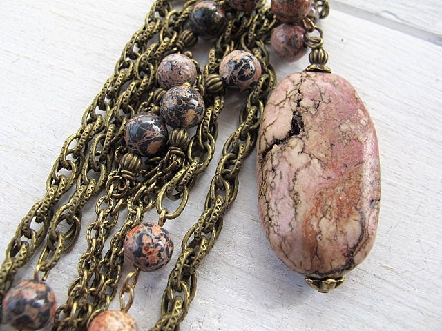 Magnesite Layered Necklace: Antique Brass Chain with Dyed Pink Magnesite and Leopard Jasper