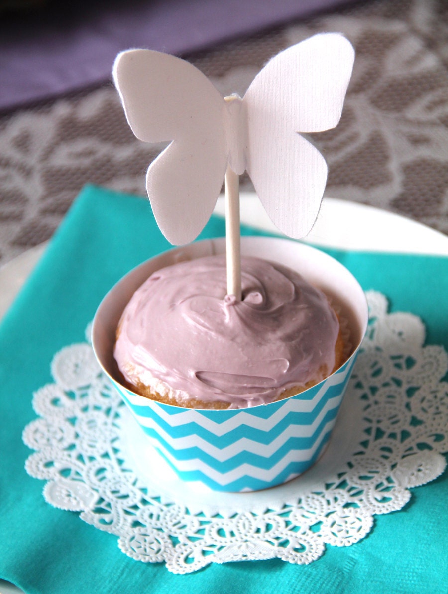 Butterfly Cupcake Toppers & Chevron Cupcake Wraps - set of 12 - Butterfly Meadow Collection