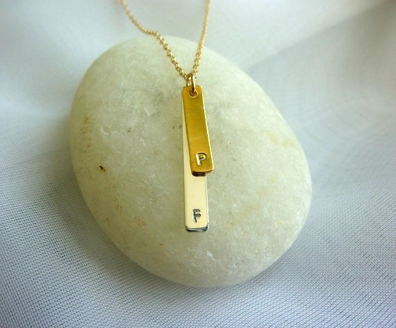 double bar initial necklace on sterling silver chain-gold initial charm necklace-silver initial bar necklace-initial bar necklace