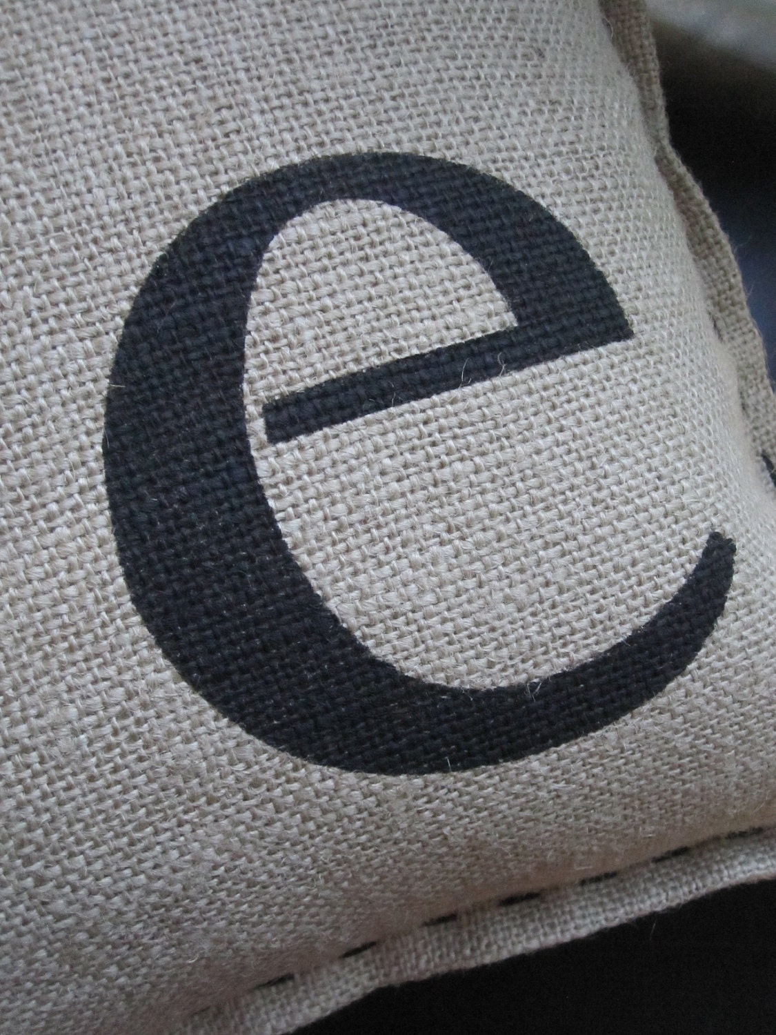 Stenciled Monogram Burlap Pillow - the letter "e"