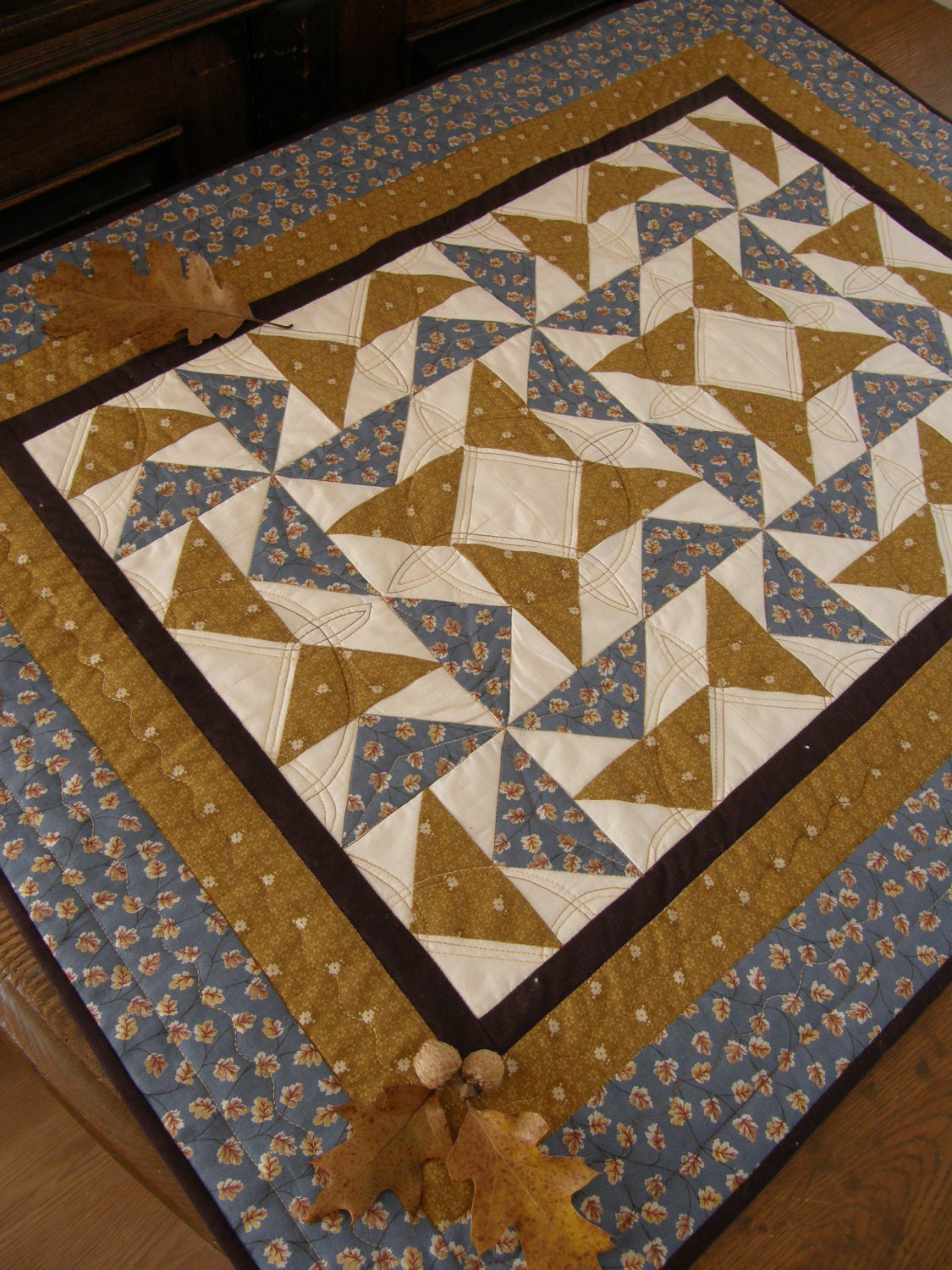 Quilted Table Runner - PINWHEELS and LEAVES Table Topper