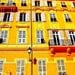 French Mediterranean photography- Yellow Building 5 x 7 windows balcony french home decor mustard