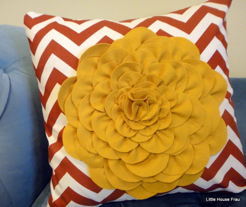 Mustard Yellow Bloom Felted Wool Flower on Rust Orange Chevron Pillow Cover