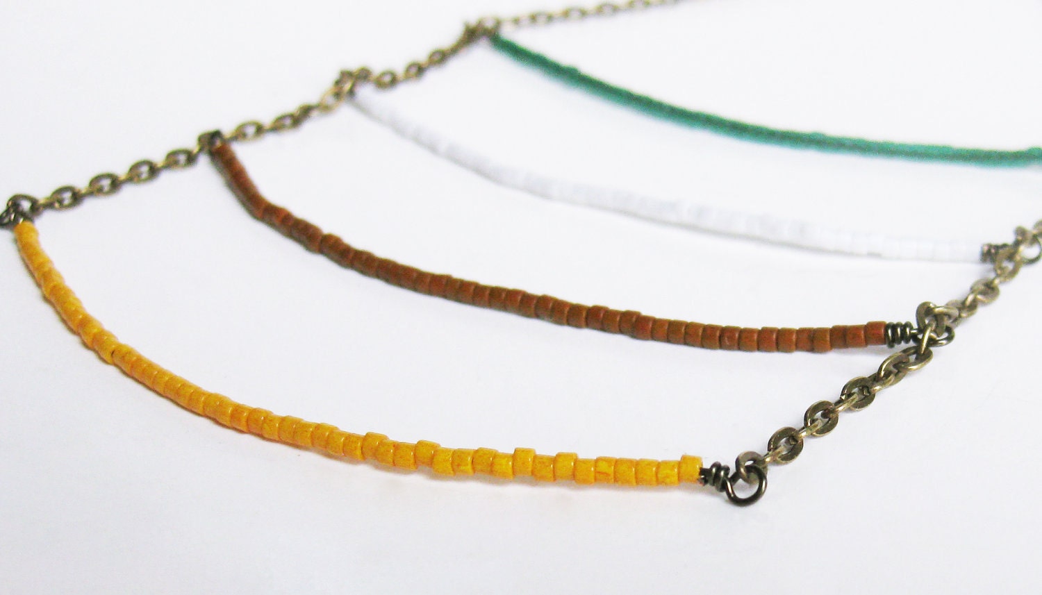 Striped Tribal Necklace. Long Bib Style Native Inspired Colors. Antiqued Brass Chain. Boho Chic.