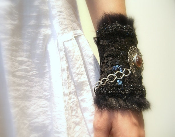 50% off - Cuff Bracelet, Crochet, Goth, Black Cotton Yarn, Vintage Medallion, Pewter Chain, Feather Sequined Trim, OOAK