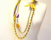 50% off - Braided Fiber Statement Necklace, Body Jewelry,  Belt, Twisted, Brass Chains, Purple and Mustard Yellow Agates, Suede Accent