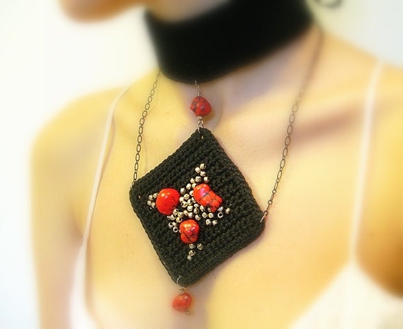 50% off - Choker - Crochet Choker Necklace, Red, Coral Stones, Black Cotton Yarn, Silver Beads, Ribbon, Chain