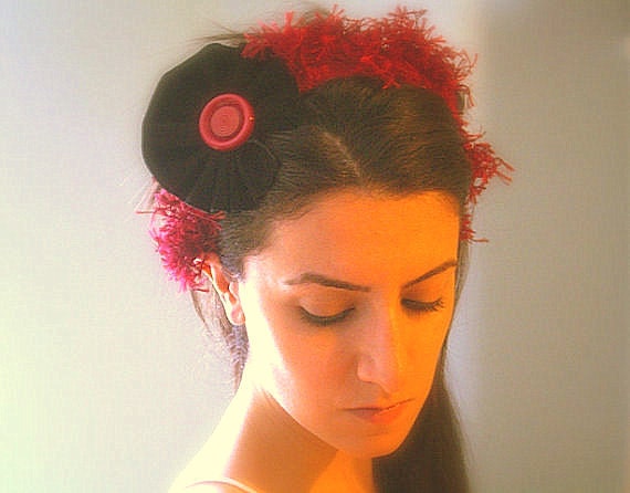 50% off - Headband, Luscious Fluffy Plum Trim, Black Suede Flower, Vintage Button