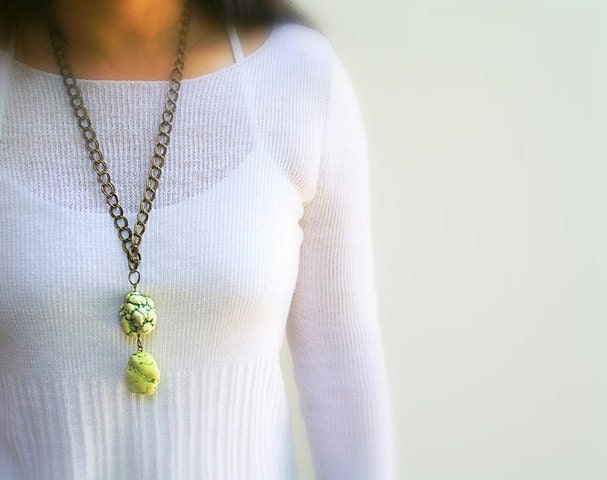 50% off - Minty Green Coral Necklace, Choker, Natural Chunky, Minty, Double Brass Chain, Large Hook Clasp