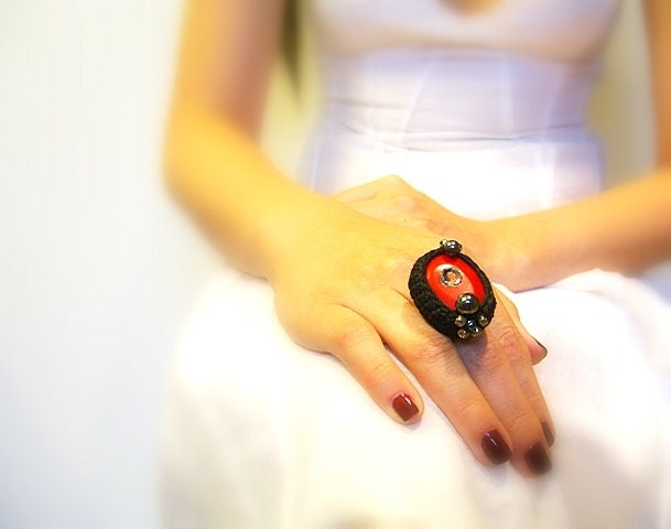 Red Crochet Ring, Women's Adjustable Ring, Black Cotton Crochet Yarn