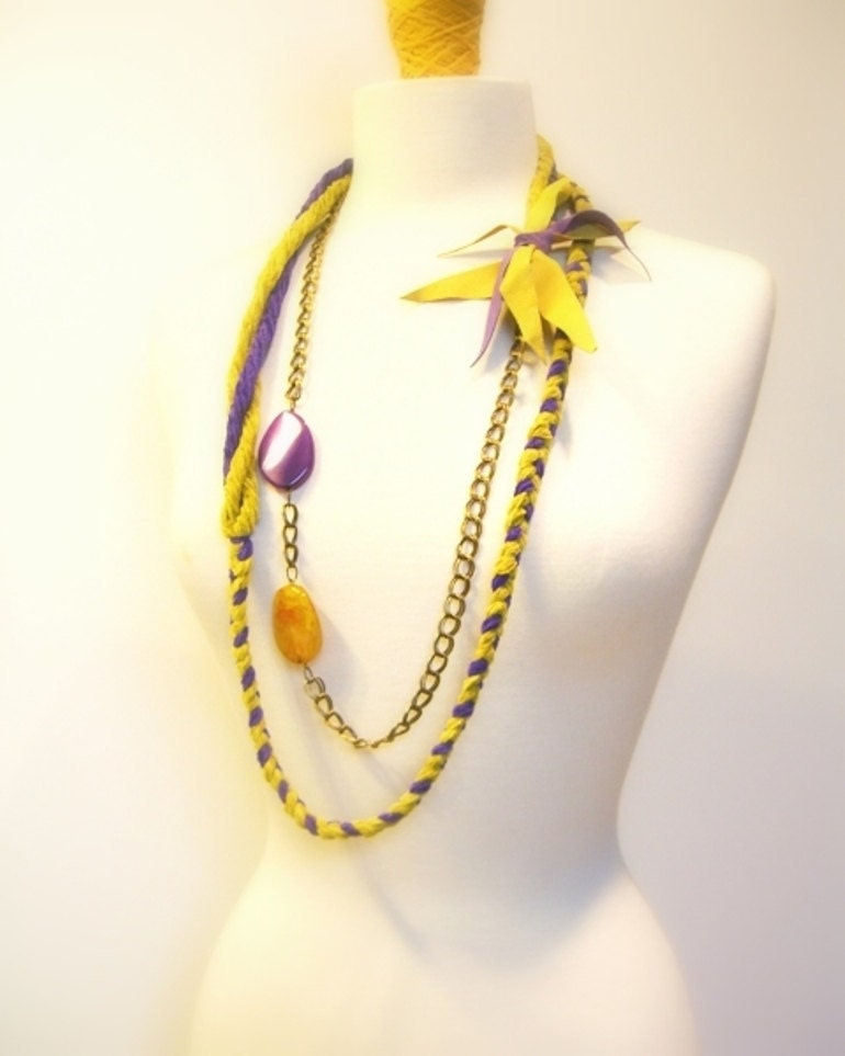 50% off - Braided Fiber Statement Necklace, Body Jewelry,  Belt, Twisted, Brass Chains, Purple and Mustard Yellow Agates, Suede Accent