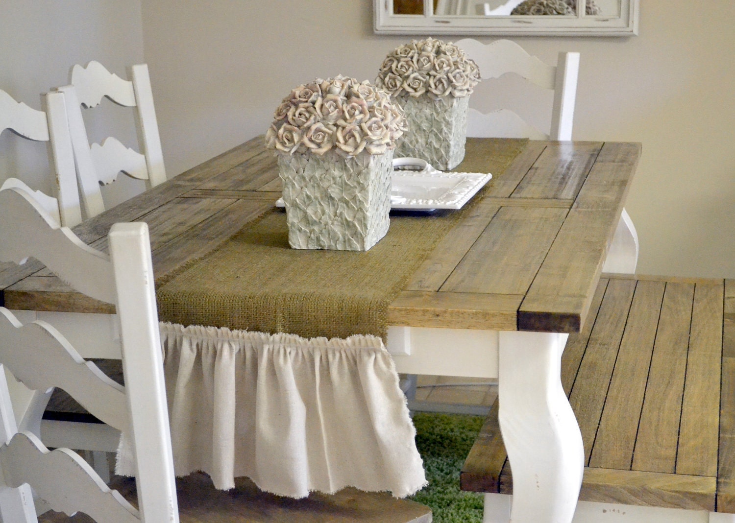FARMHOUSE CHIC (LARGE) -- burlap table runner with cream muslin ruffle--extra long