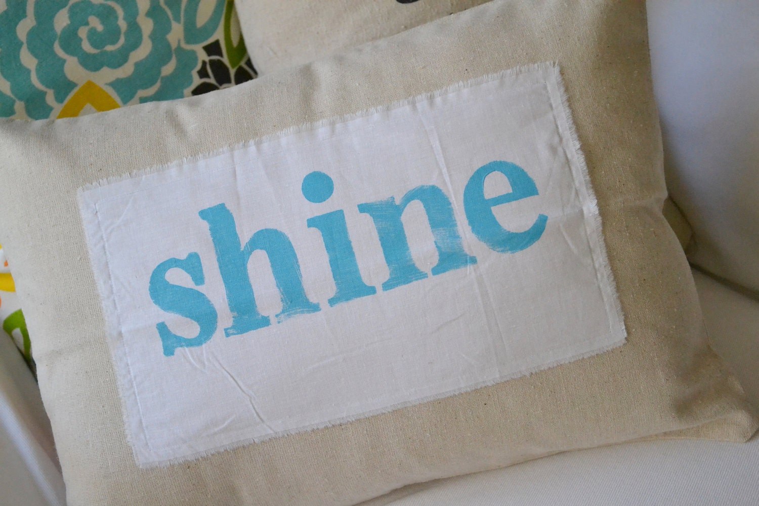 The SHINE Project-- pillow cover with hand stamped shine banner in yellow or turquoise 12 x 16