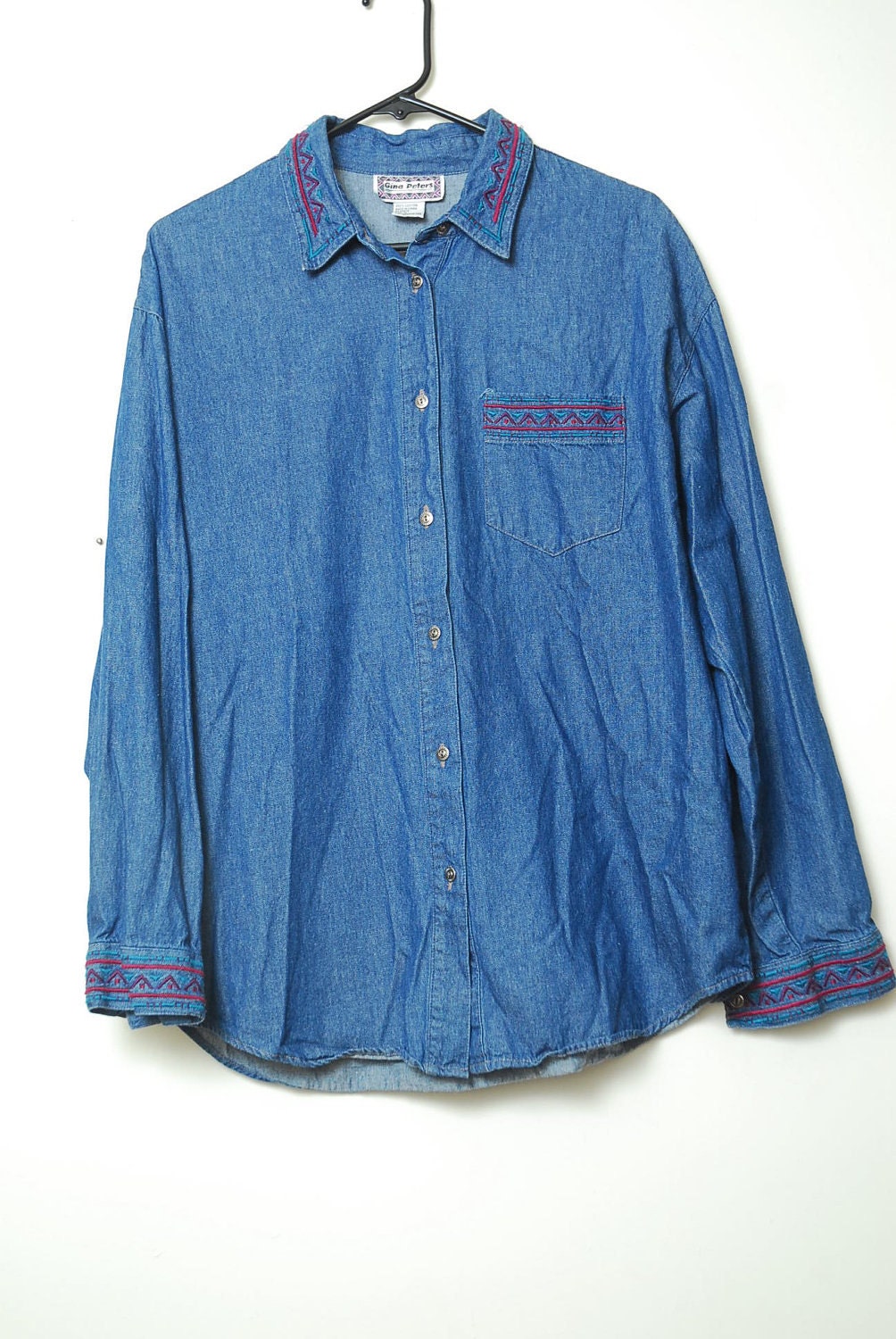 Vintage Dark Denim Button up With Tribal Aztec by LipstickDinosaur