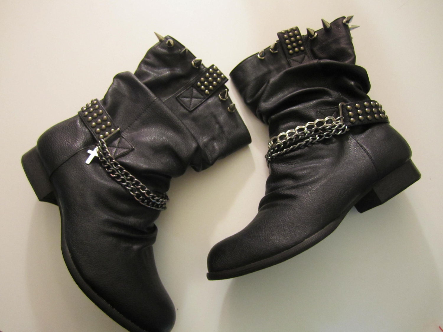 Black Slouch Boots - Studs, Spikes, Chains and Crucifix - Woman's size 6 1/2
